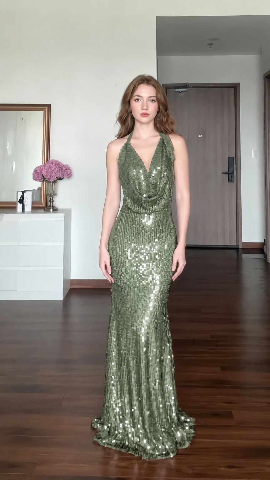 Front view of sage green halter cowl neck sequin maxi formal dress on model