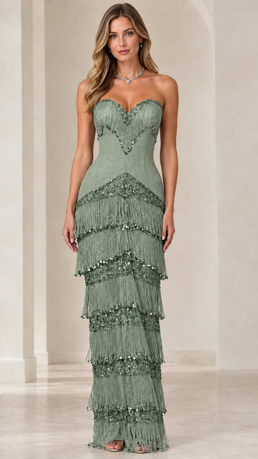 Front view of sage green sweetheart tiered sequin fringe gown
