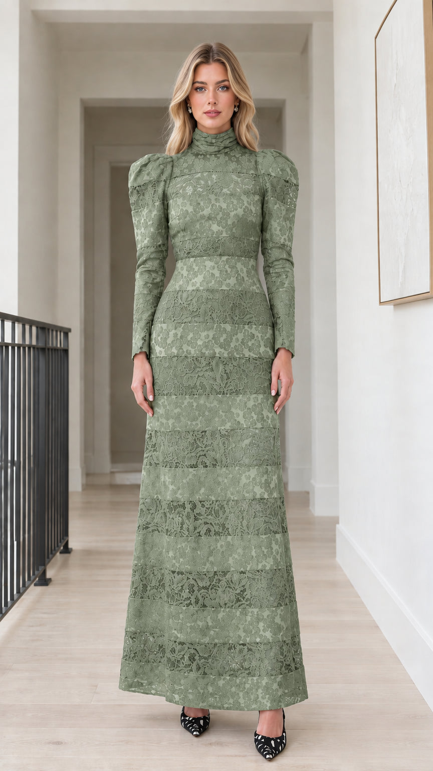 Front view of model wearing Sage Green high neck tiered lace long sleeve maxi dress