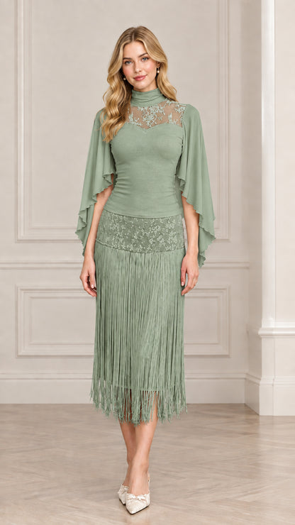 Front view of model wearing sage green lace capelet fringe party dress