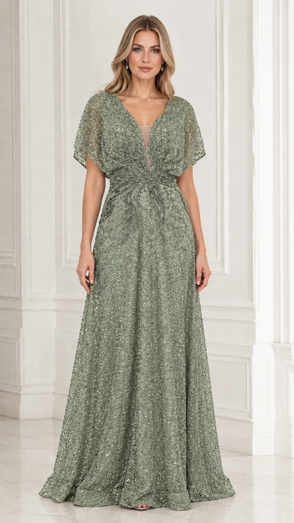 Model wearing sage green beaded V-neck evening gown