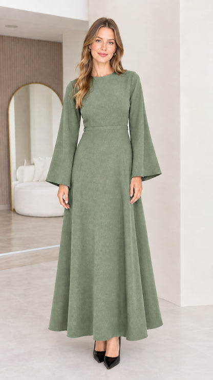 Front view of a sage green women's long sleeve A-line maxi dress