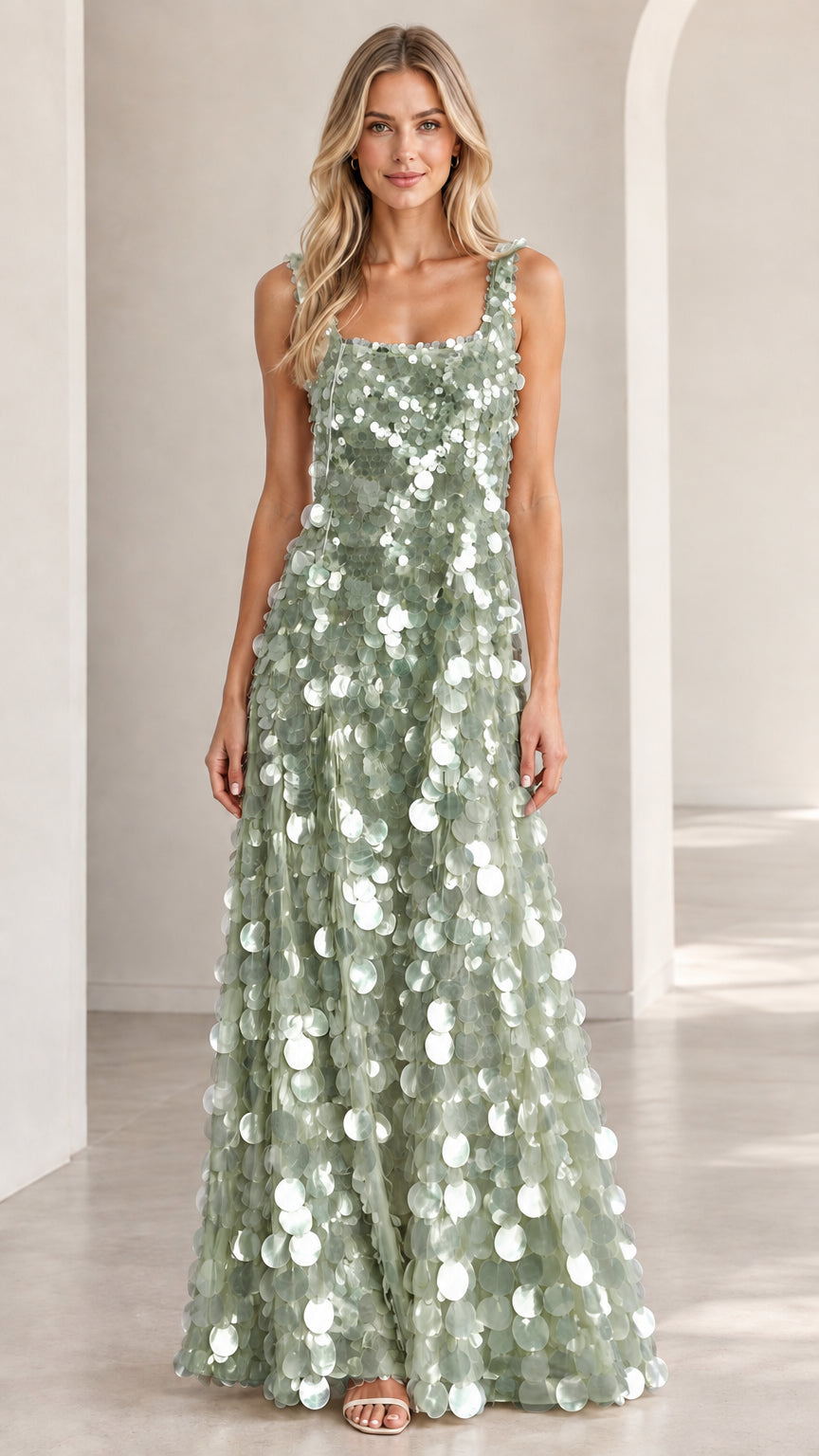 Front view of sage green sleeveless paillette sequin evening gown