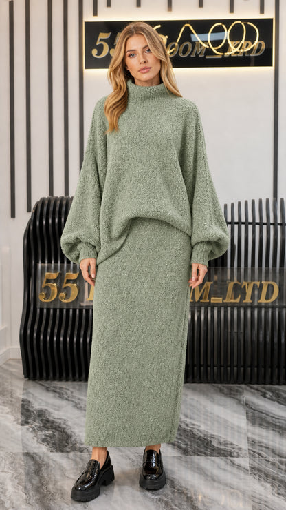 Model wearing Sage Green relaxed sweater and maxi skirt knit set