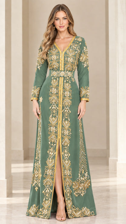 Sage green velvet embroidered evening maxi gown front view