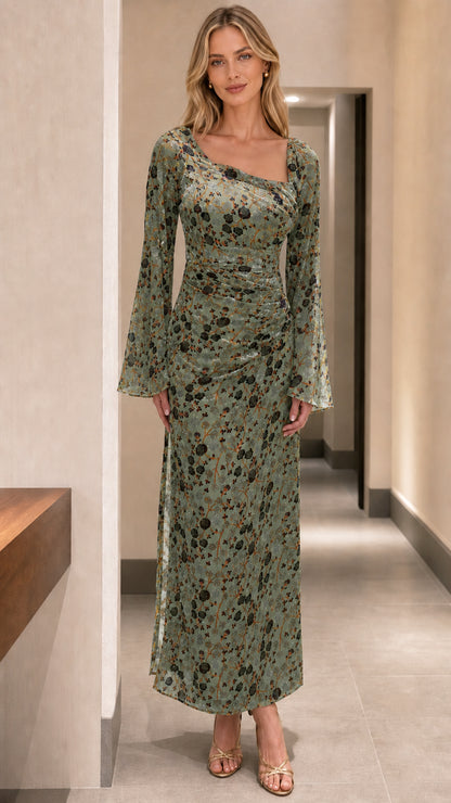 Sage green floral ruched long sleeve maxi dress front view