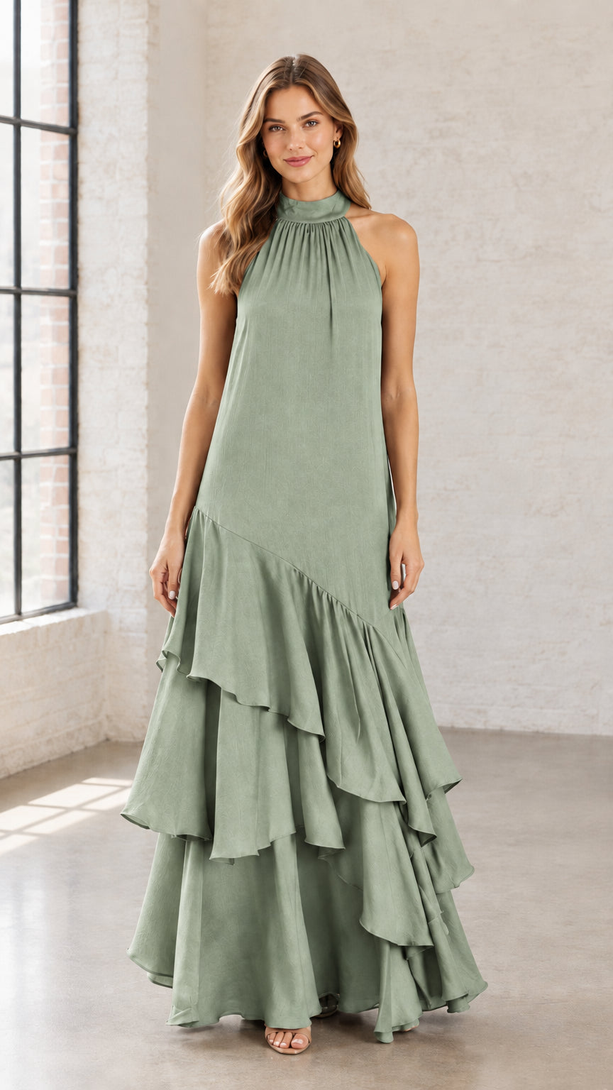 Front view of sage green halter neck tiered ruffle maxi dress