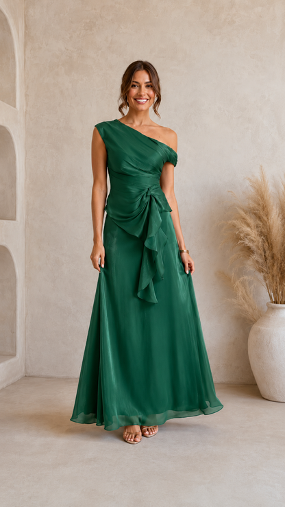 Emerald green one-shoulder maxi dress with ruched waist and cascading ruffle