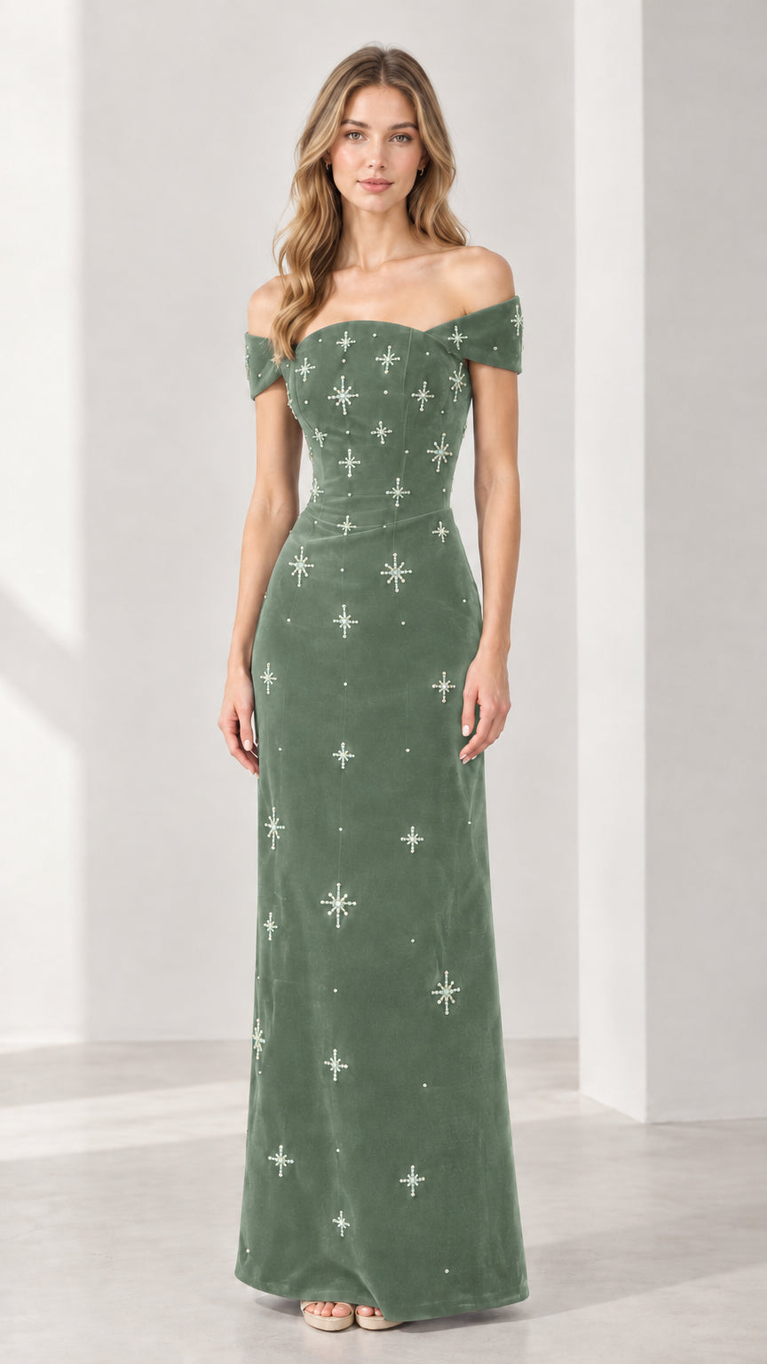 Sage green off-the-shoulder velvet evening gown with crystal bead accents