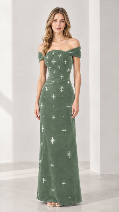 Sage green off-the-shoulder velvet evening gown with crystal bead accents