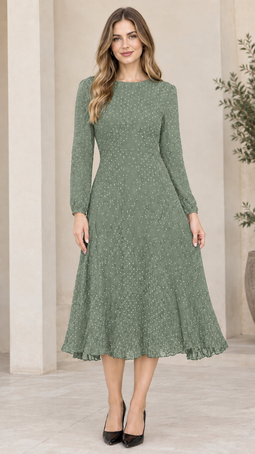 Front view of woman wearing sage green long sleeve micro dot A-line midi dress