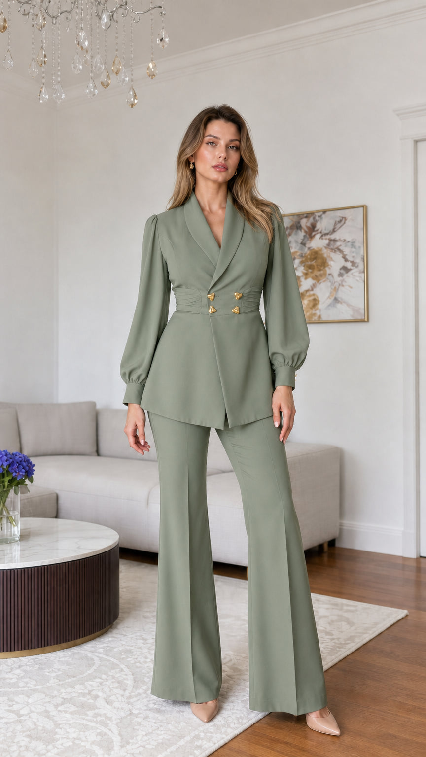 Full front view of sage green elegant cinched blazer and flare pants set