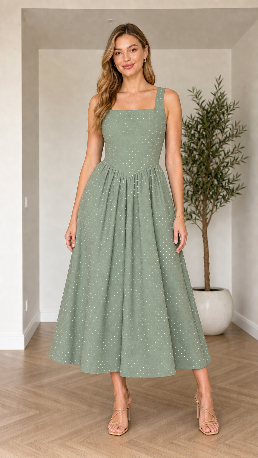Front view of model wearing sage green polka dot square neck midi dress