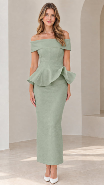 Front view of model wearing sage green off-the-shoulder peplum maxi dress