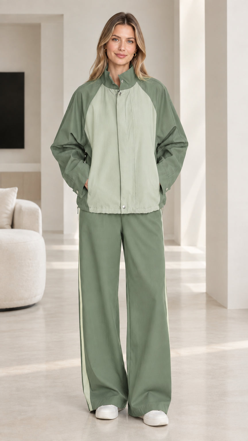 Sage green and cream colorblock two-piece tracksuit set on model