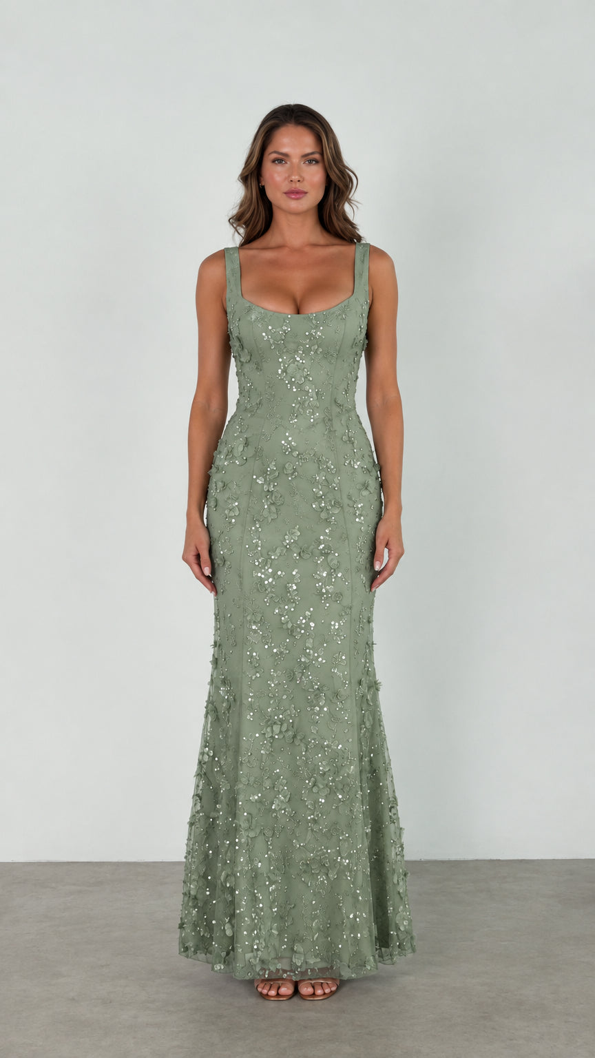Sage Green 3D floral embroidered floor-length formal gown