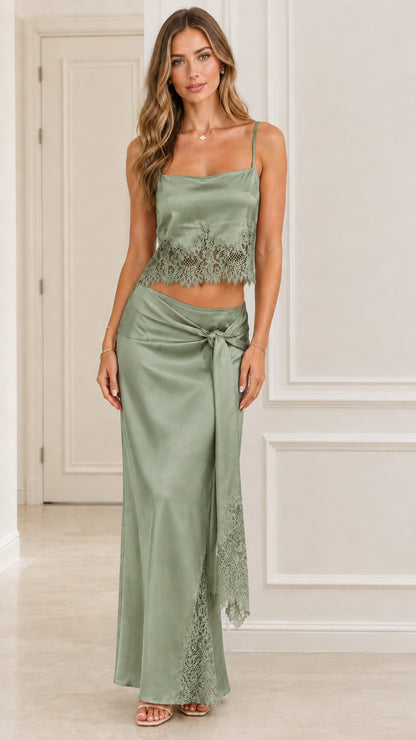 Model wearing Sage Green satin lace-accented cami and maxi skirt co-ord set