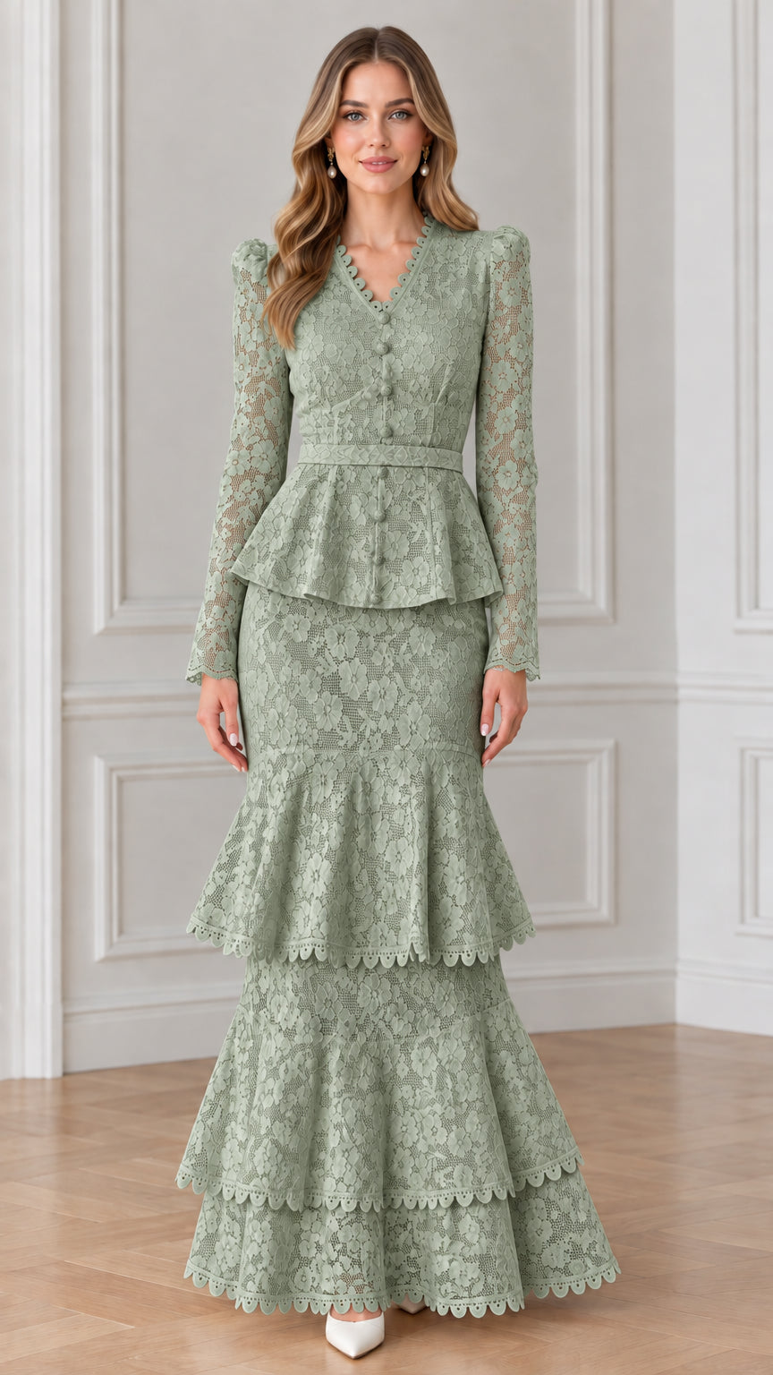 Front view of woman wearing sage green long sleeve lace peplum maxi dress