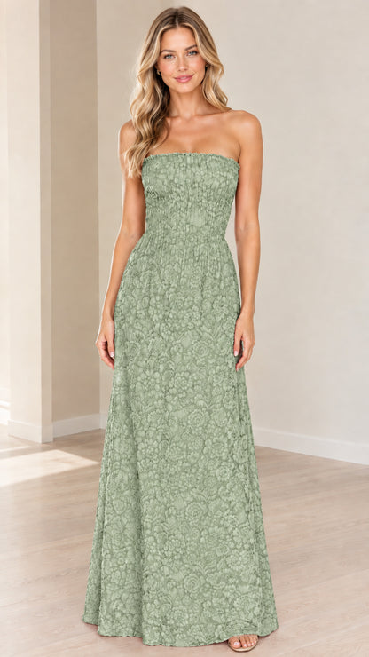 Front view of sage green strapless floral textured maxi dress