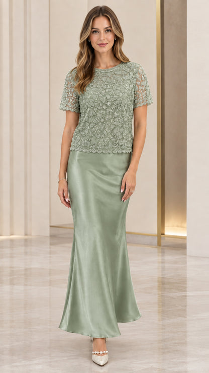 Front view of sage green beaded lace and satin maxi evening dress