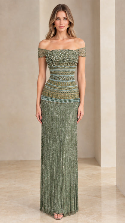 Front view of sage green off-the-shoulder beaded fringe evening gown
