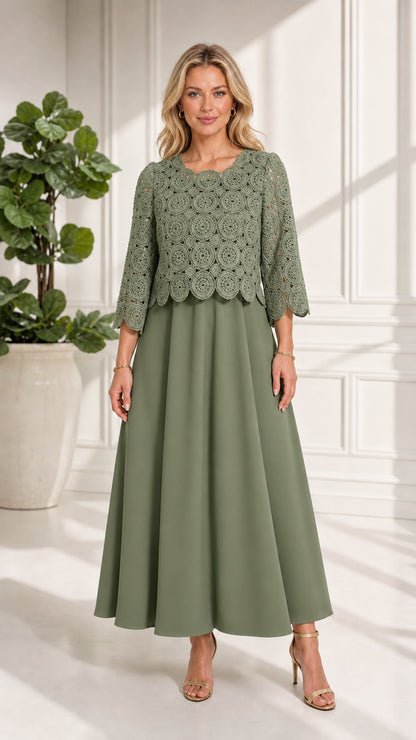 Full front view of sage green crochet lace layered maxi dress
