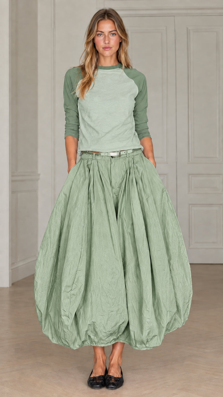 Full front view of women's matching raglan top and bubble maxi skirt set in sage green