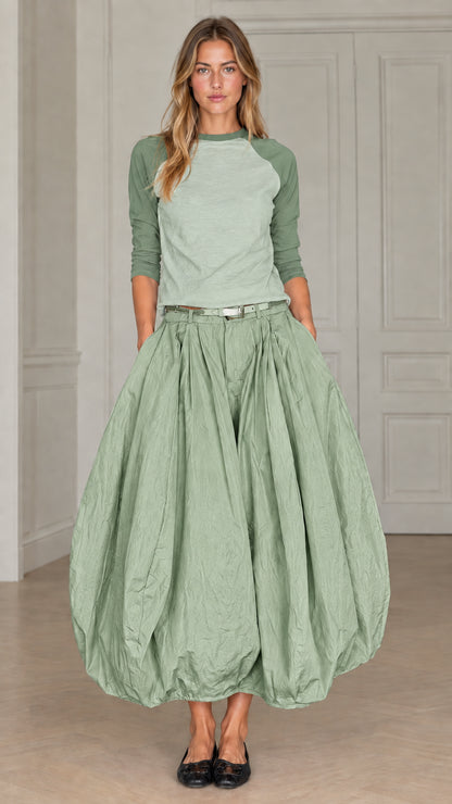 Full front view of women's matching raglan top and bubble maxi skirt set in sage green