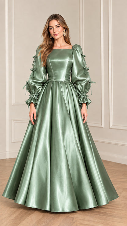Full-length front view of model wearing Sage Green satin puff sleeve ball gown