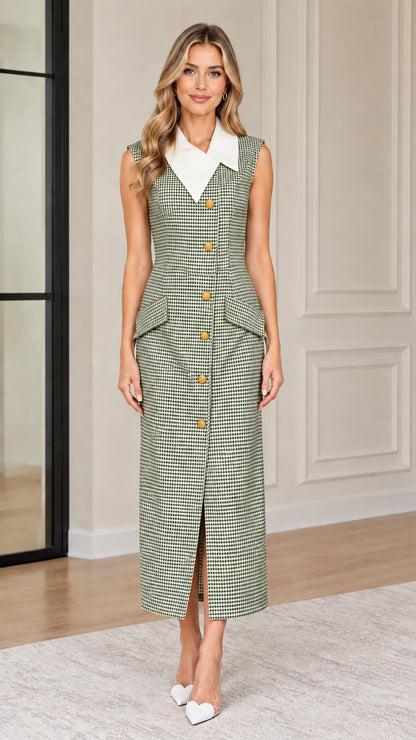 Model wearing green houndstooth sleeveless midi dress with white contrast collar
