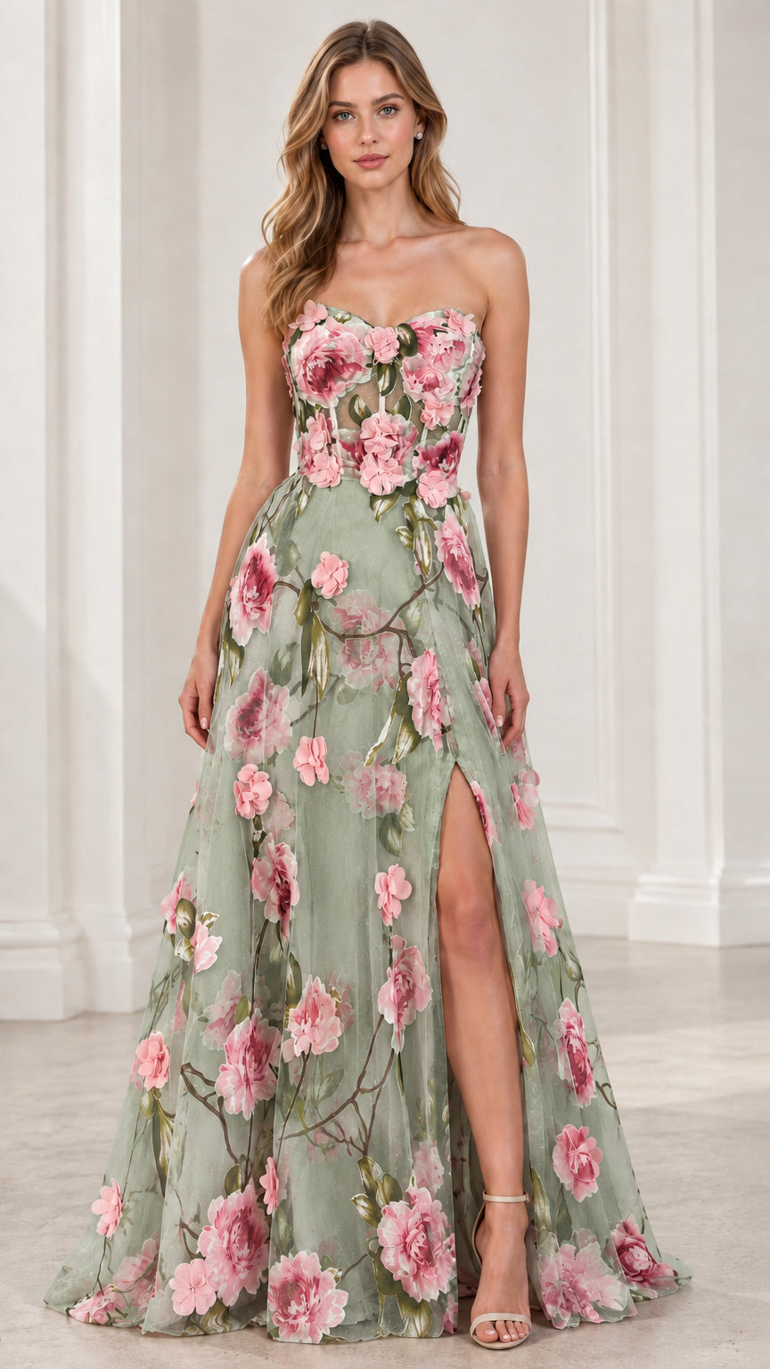 Front view of strapless 3D floral applique evening gown in Sage Green