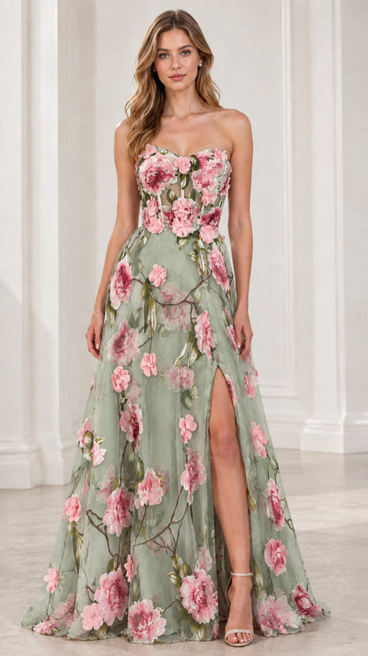 Front view of strapless 3D floral applique evening gown in Sage Green