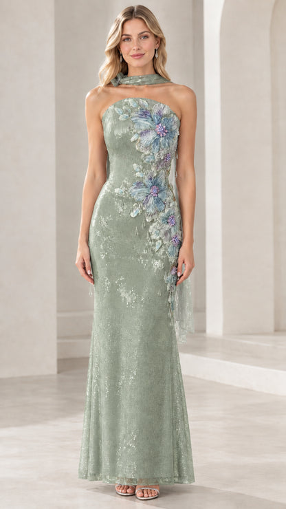Sage green strapless sequin column gown with floral appliqué and matching scarf