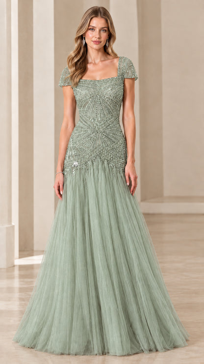 Sage green cap sleeve beaded tulle formal evening dress