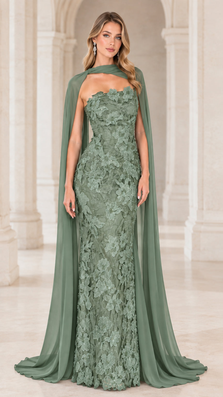 Sage Green Strapless Lace Formal Dress with Flowing Cape Detail