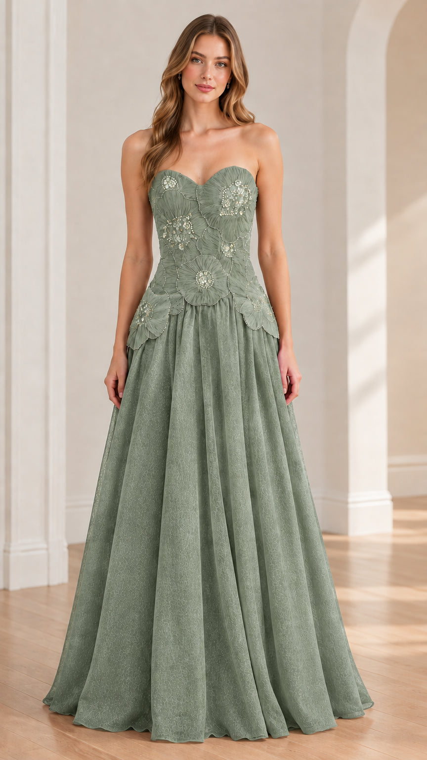 Sage green strapless sweetheart A-line formal gown