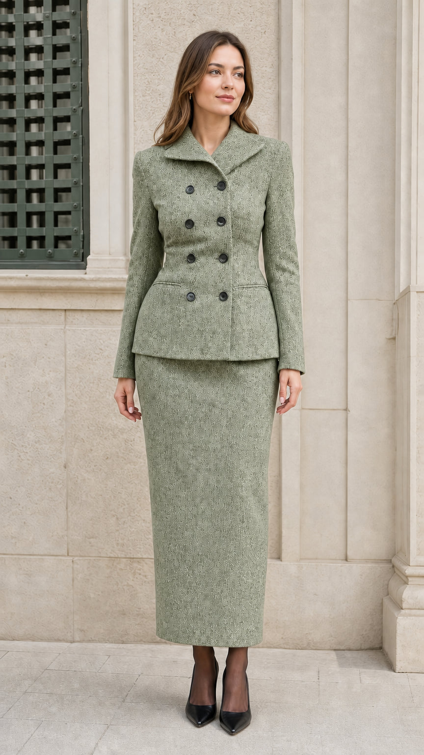 Woman wearing Sage Green double-breasted tailored skirt suit set