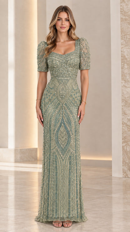Sage green beaded Art Deco sweetheart evening dress
