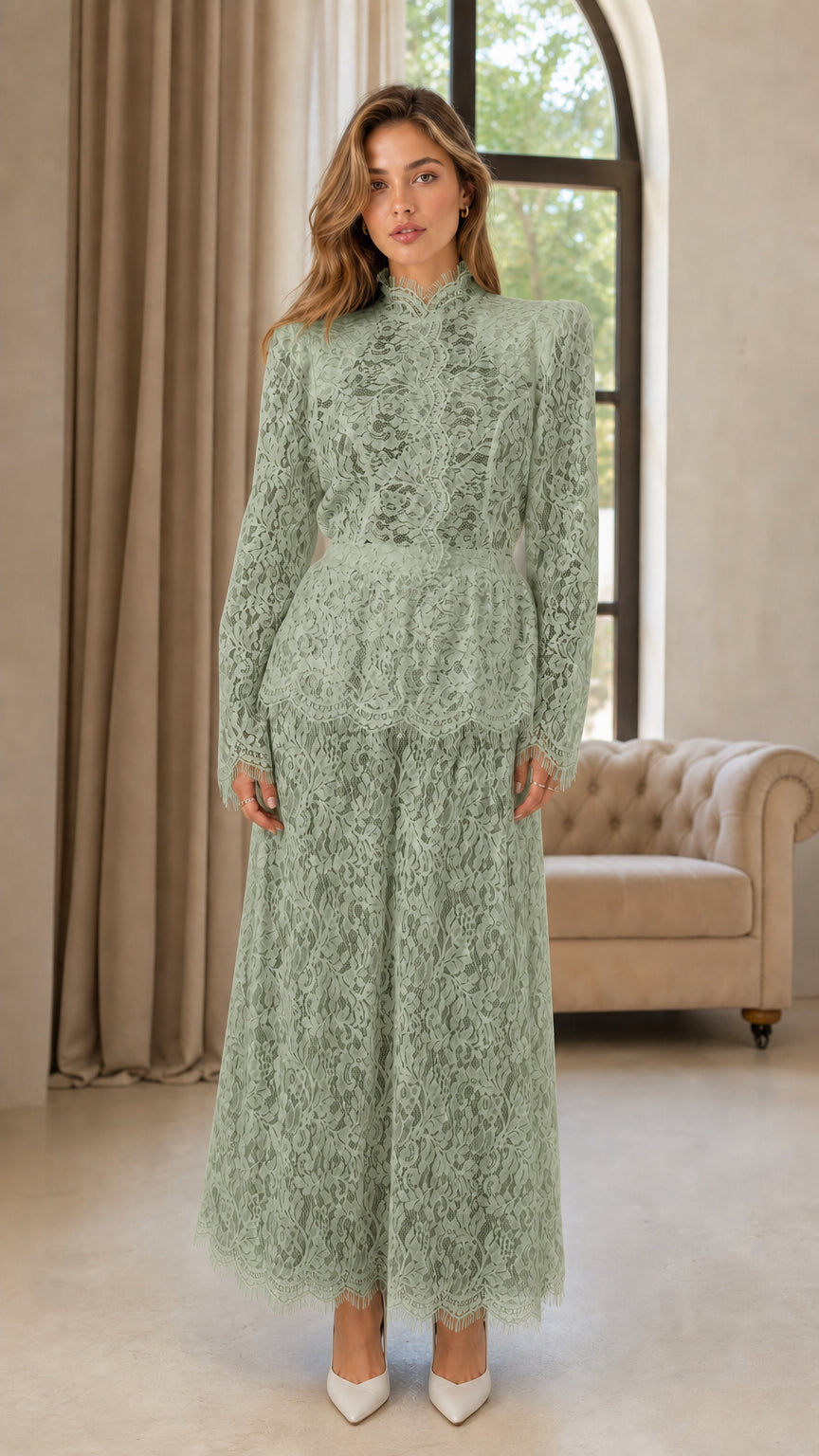 Front full view of woman wearing sage green lace wide leg evening jumpsuit