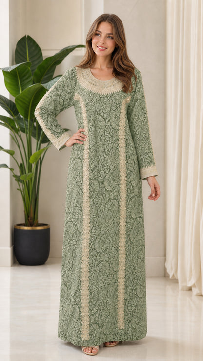 Model wearing sage green embroidered long sleeve kaftan maxi dress