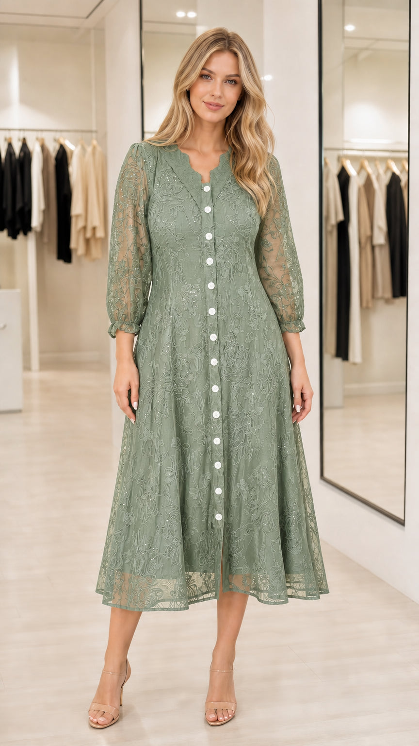Sage green floral lace sequin button-front midi dress on model