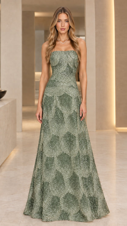 Sage green strapless shimmer scallop formal dress