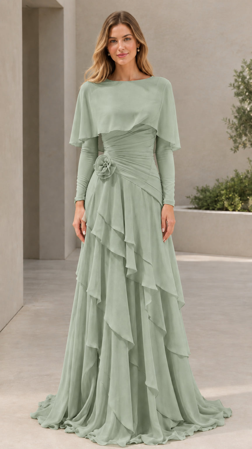 Woman wearing Sage Green long sleeve capelet tiered formal dress