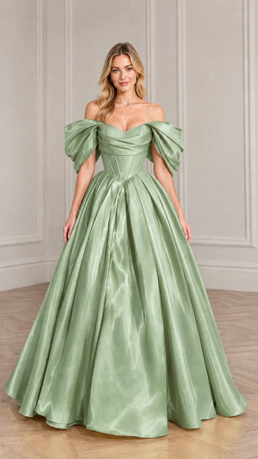 Model wearing sage green off-the-shoulder satin evening ball gown