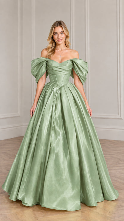 Model wearing sage green off-the-shoulder satin evening ball gown