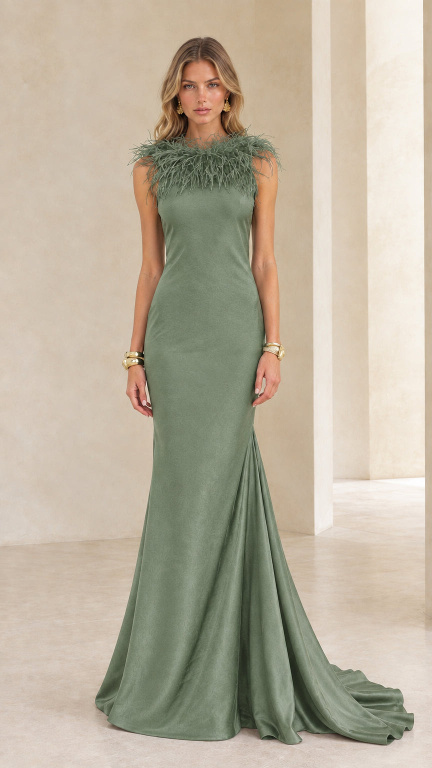 Sage Green high neck feather detail formal mermaid dress