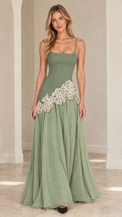 Full-length sage green A-line evening dress with floral appliqué waist trim