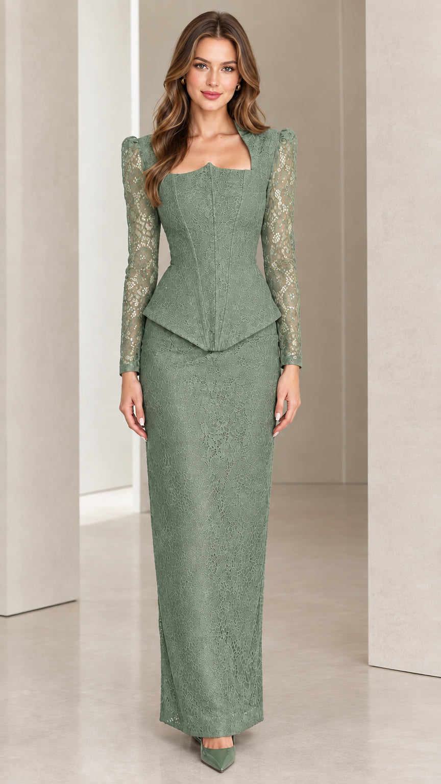 Front view of model wearing sage green lace peplum maxi dress set
