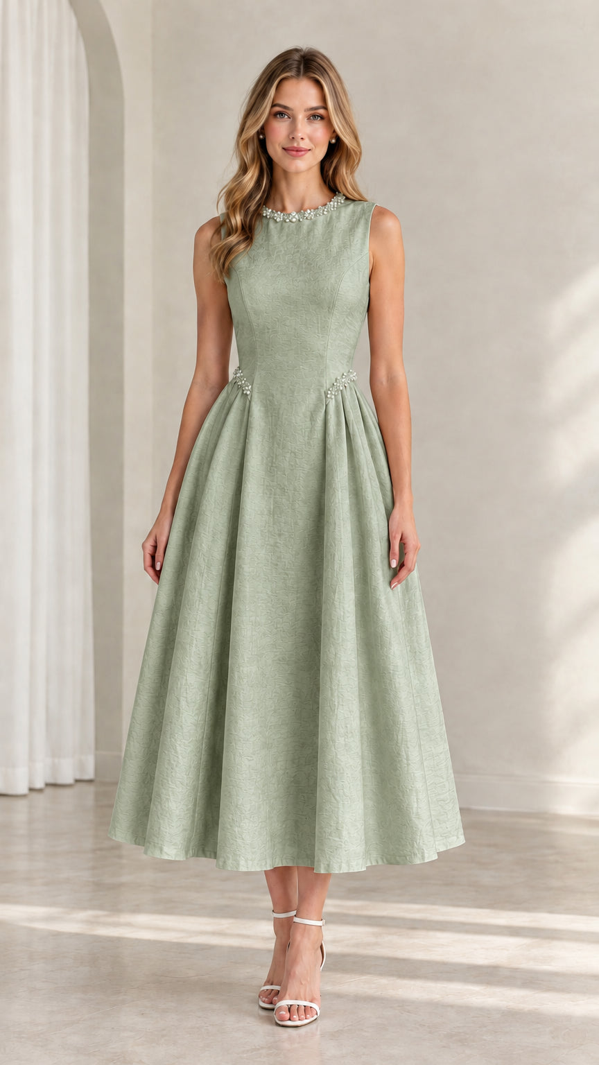 Model wearing sage green sleeveless beaded midi evening dress