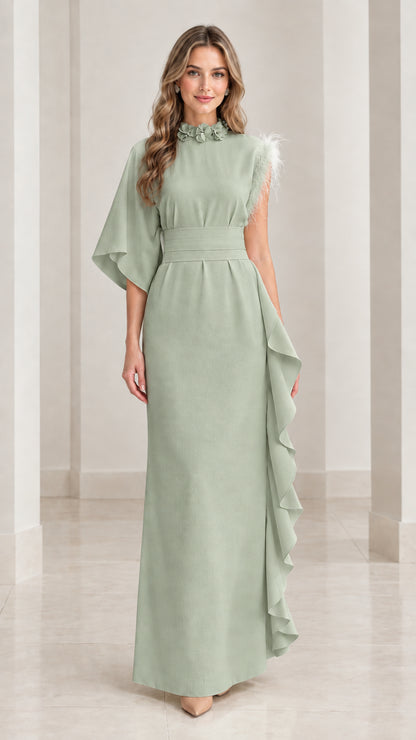 Sage green one-sleeve floor-length dress with 3D flower neckline and feather trim